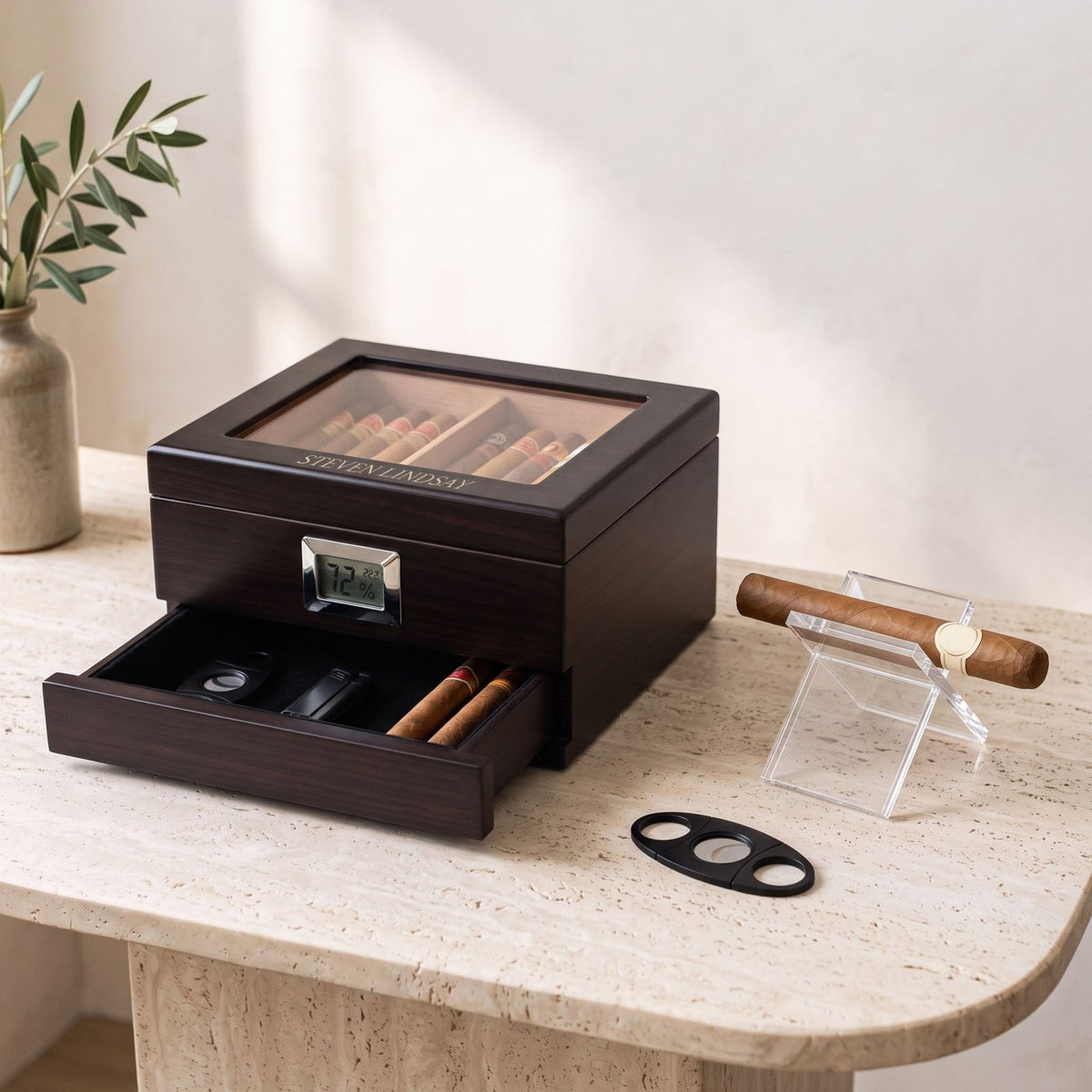 Aurelio Cigar Humidor Box w/ Digital Hygrometer, Drawer & Cigar Cutter Gift Set