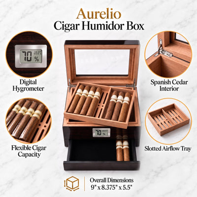 Aurelio Cigar Humidor Box w/ Digital Hygrometer, Drawer & Cigar Cutter Gift Set