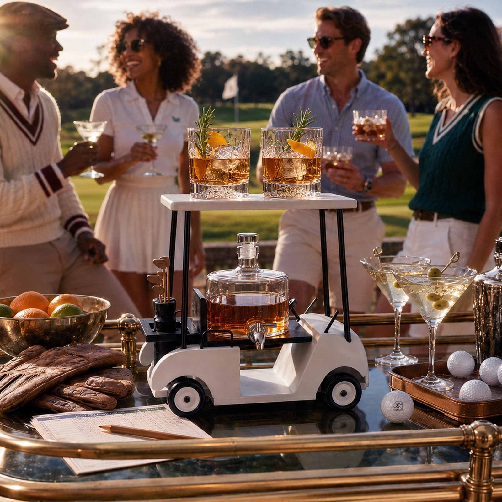Back Nine Golf Cart Whiskey Decanter Dispenser Set w/ Golf Ball Bottom Glasses