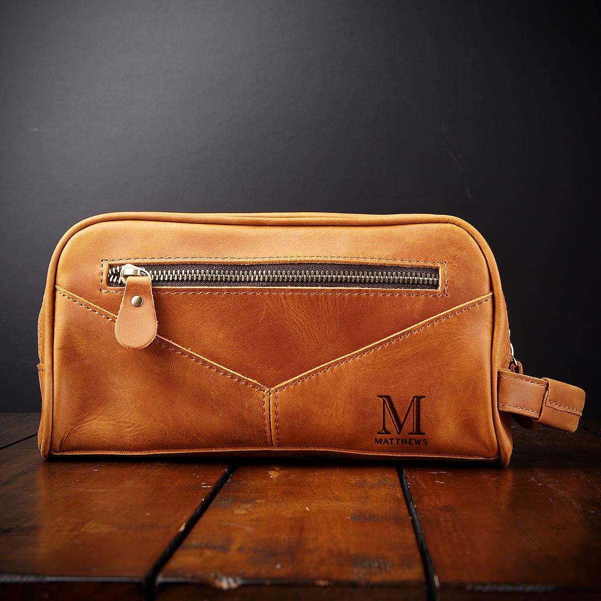 Beckham Mens Toiletry Bag - Monogrammed Brown Saddle Leather Multi - Pocket Dopp Kit