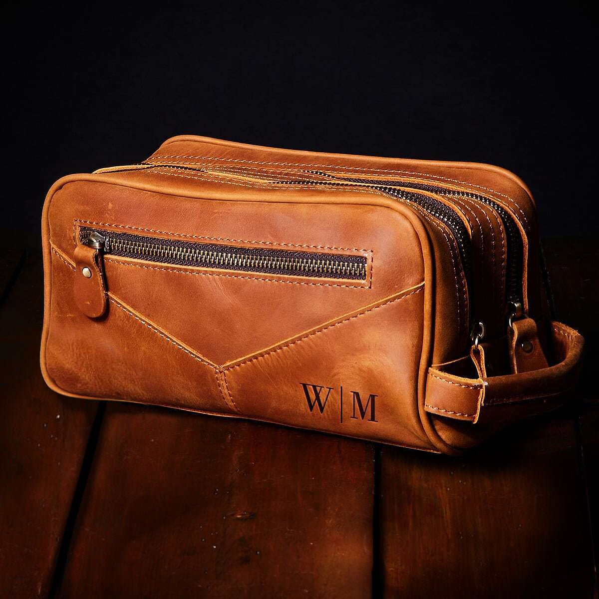 Beckham Mens Toiletry Bag Monogrammed Brown Saddle Leather Multi-Poc