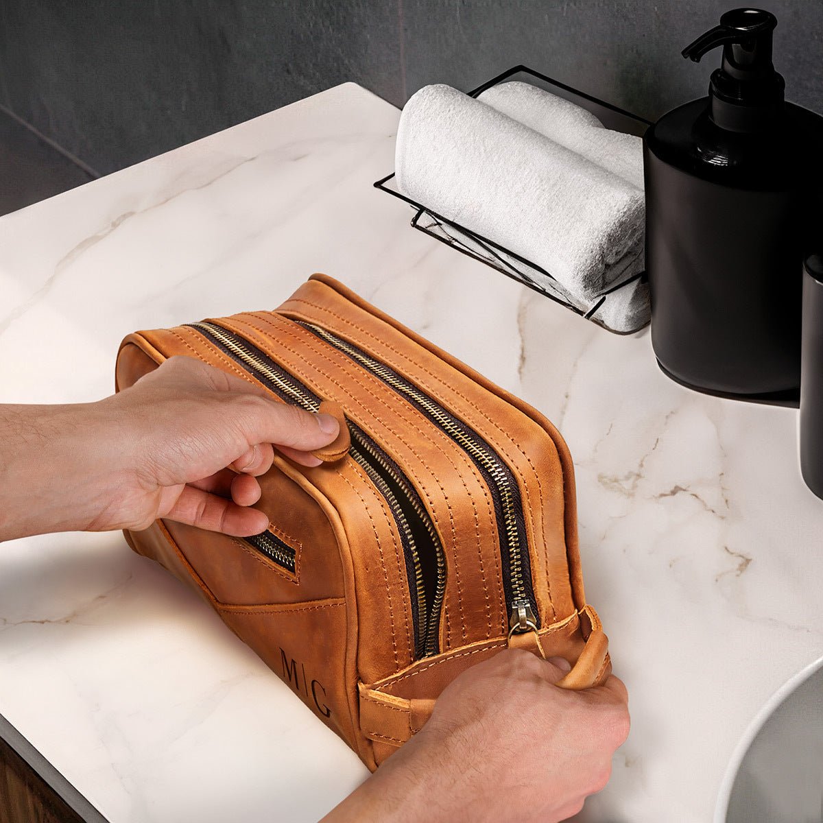 Beckham Mens Toiletry Bag - Monogrammed Brown Saddle Leather Multi - Pocket Dopp Kit