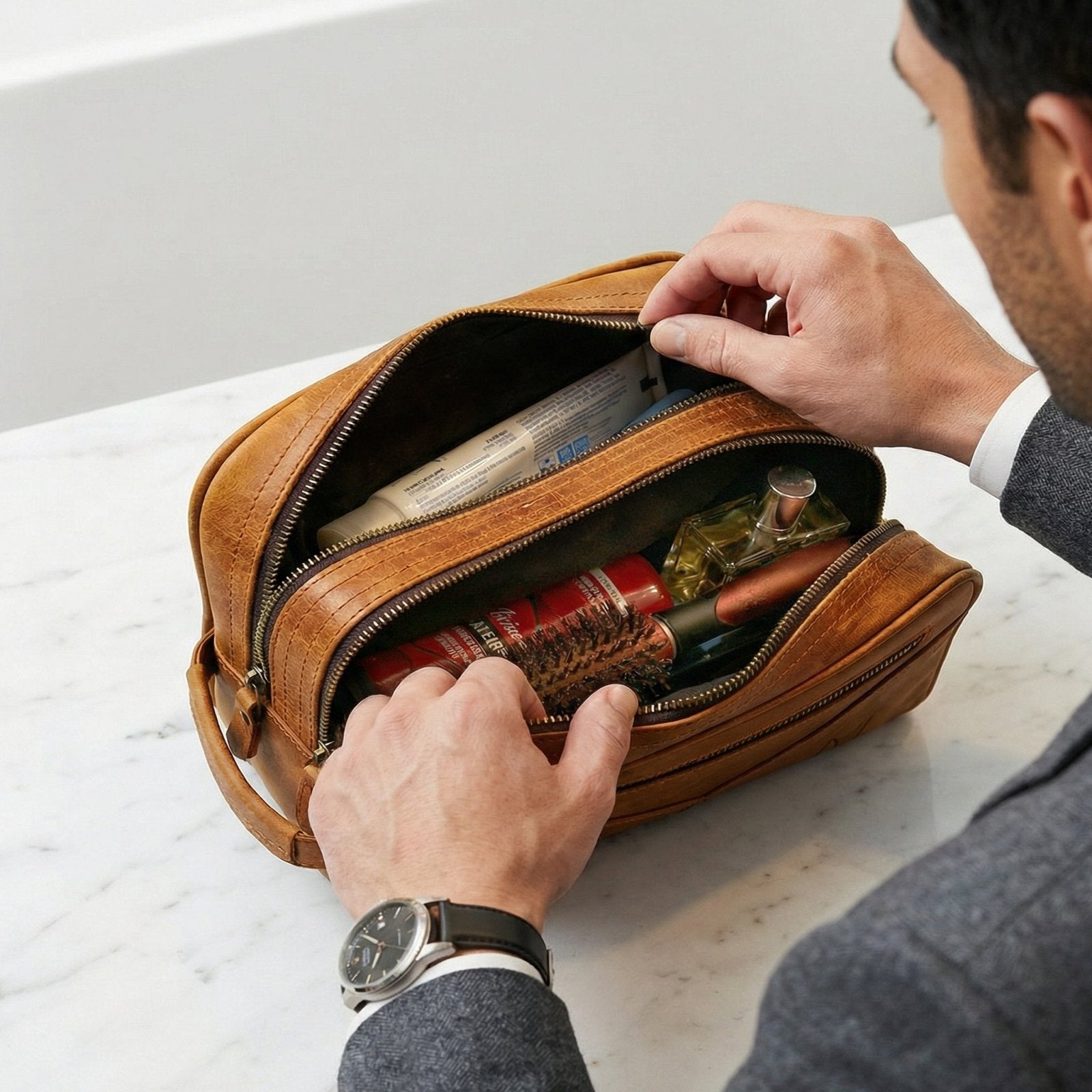 Beckham Mens Toiletry Bag - Monogrammed Brown Saddle Leather Multi - Pocket Dopp Kit