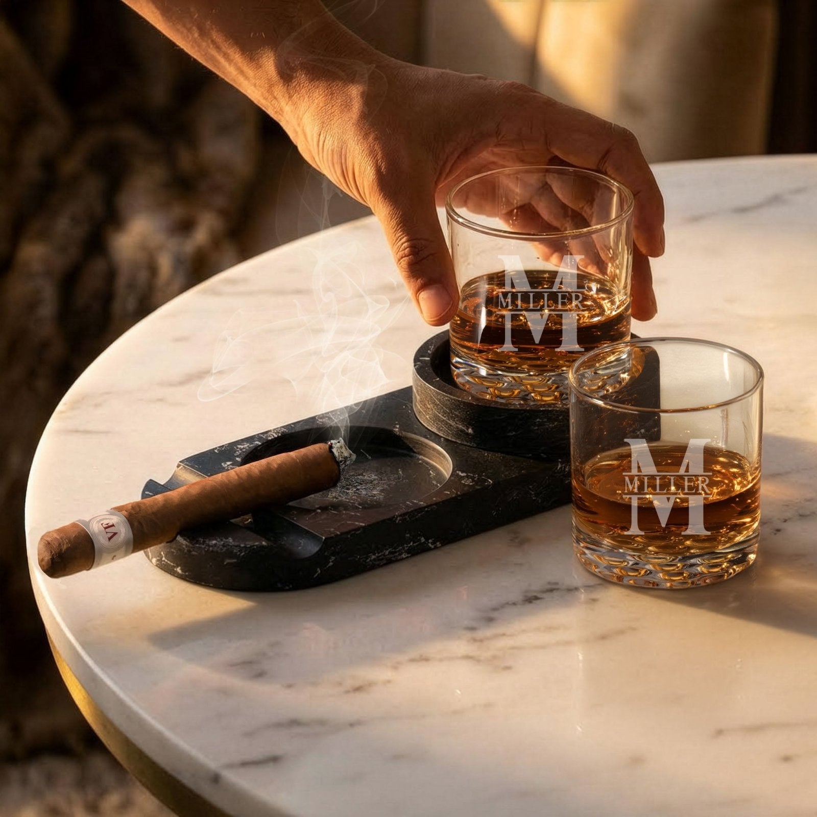Bolton Cigar Ashtray Set w/ 2 Custom Buckman Glasses
