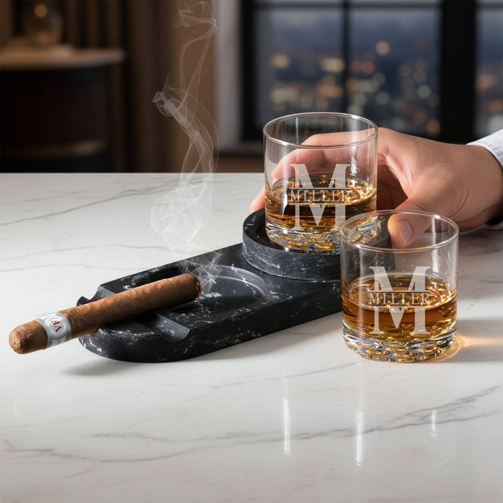 Bolton Cigar Ashtray Set w/ 2 Custom Buckman Glasses