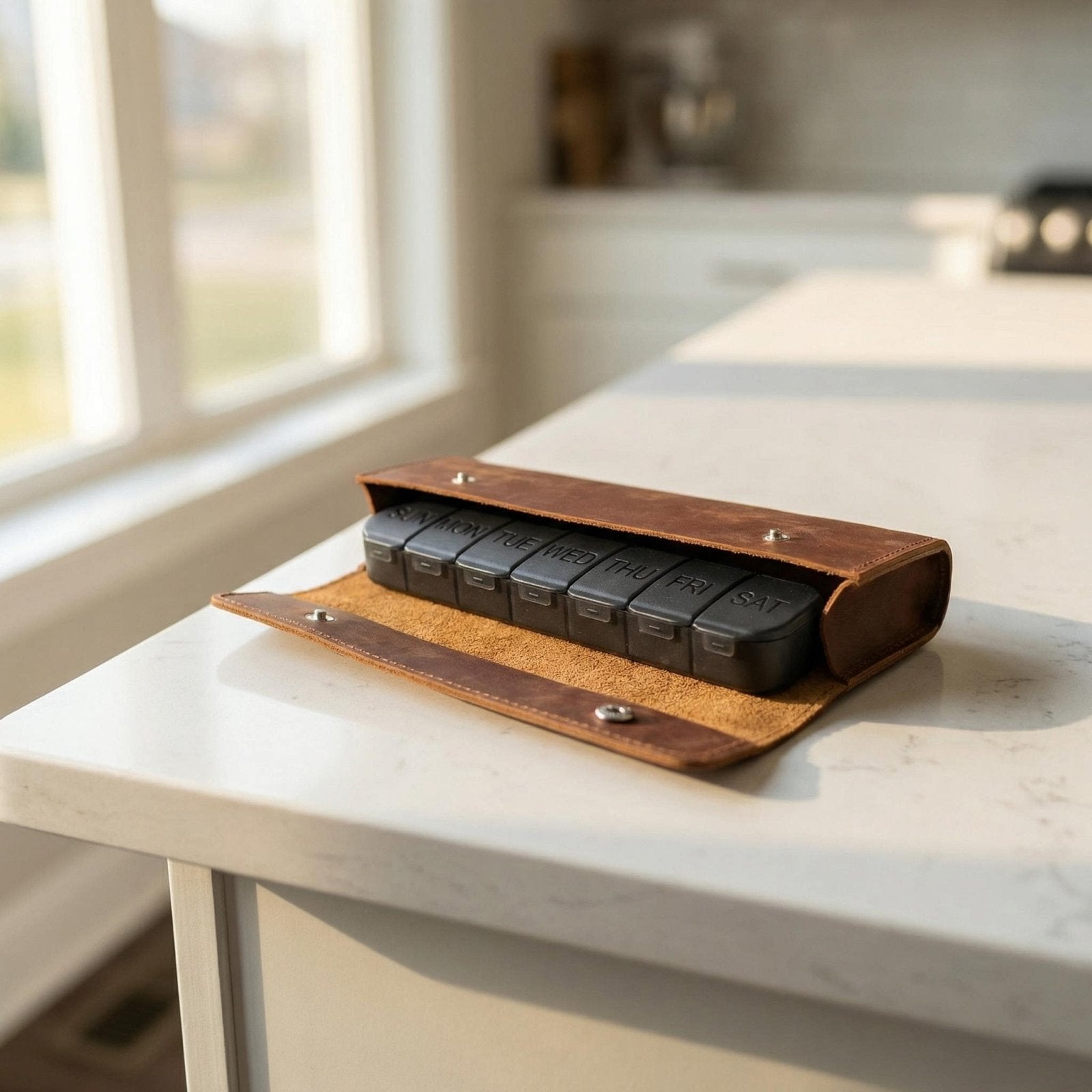 Open leather weekly pill case on a marble countertop