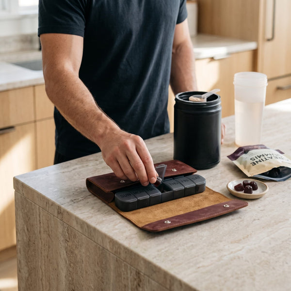 Man holding seven day leather pill case