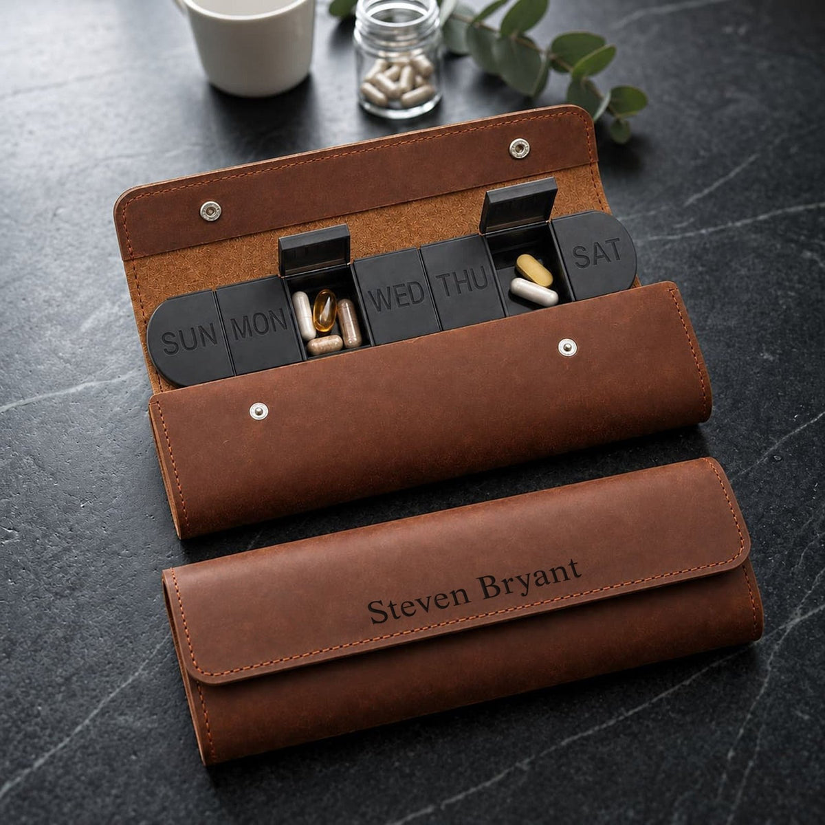 Personalized leather pill case with weekly organizer