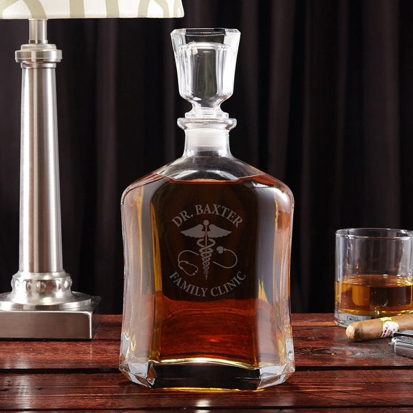 Caduceus Engraved Set of Whiskey Gifts for Doctors - Med School Graduation Decanter and Glasses