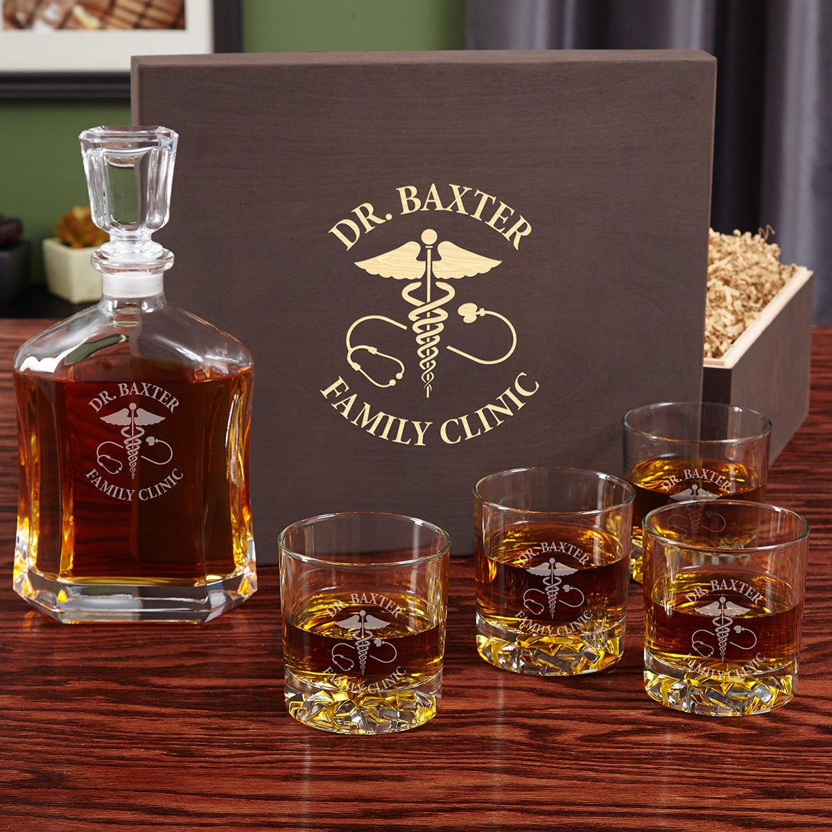 Caduceus Engraved Set of Whiskey Gifts for Doctors - Med School Graduation Decanter and Glasses