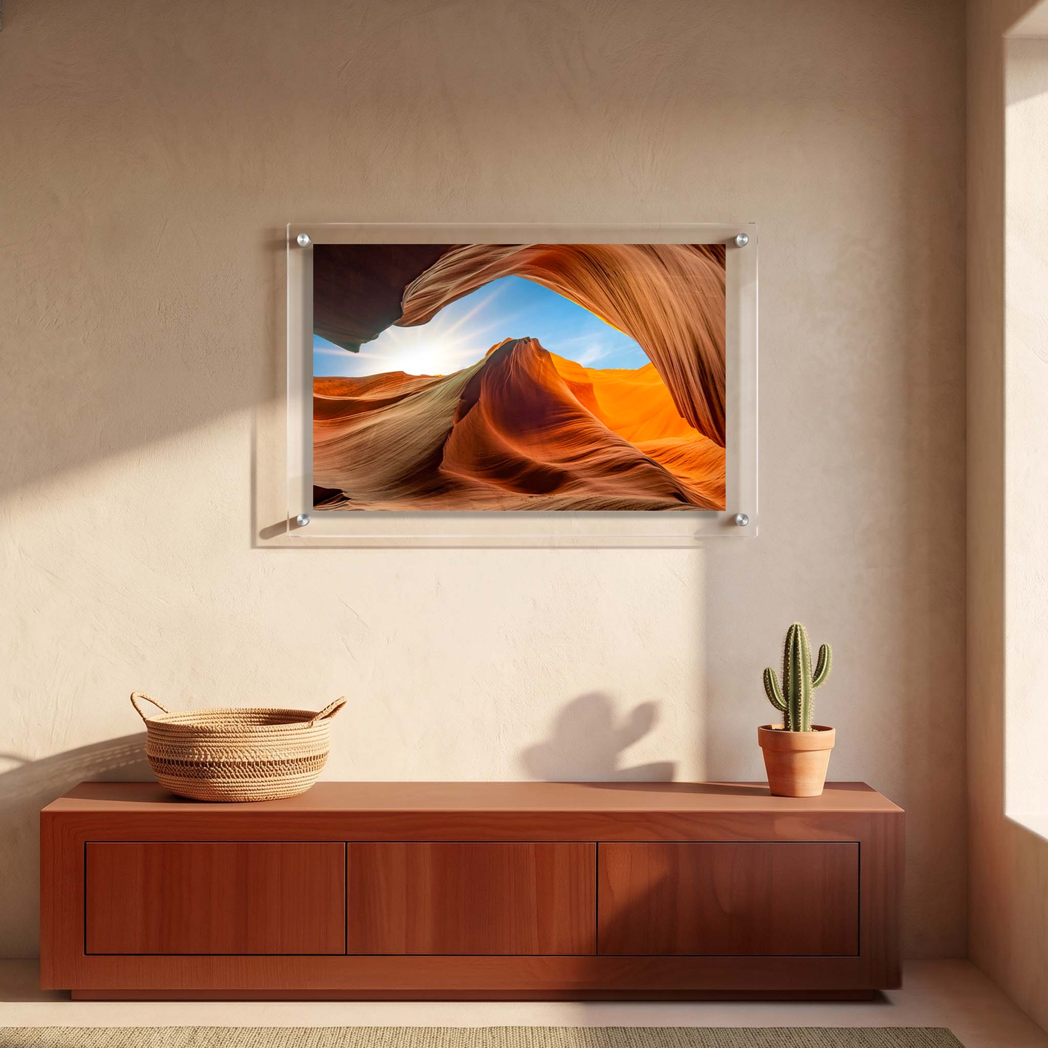 Red rock canyon wall art showing smooth sandstone waves displayed in an entryway