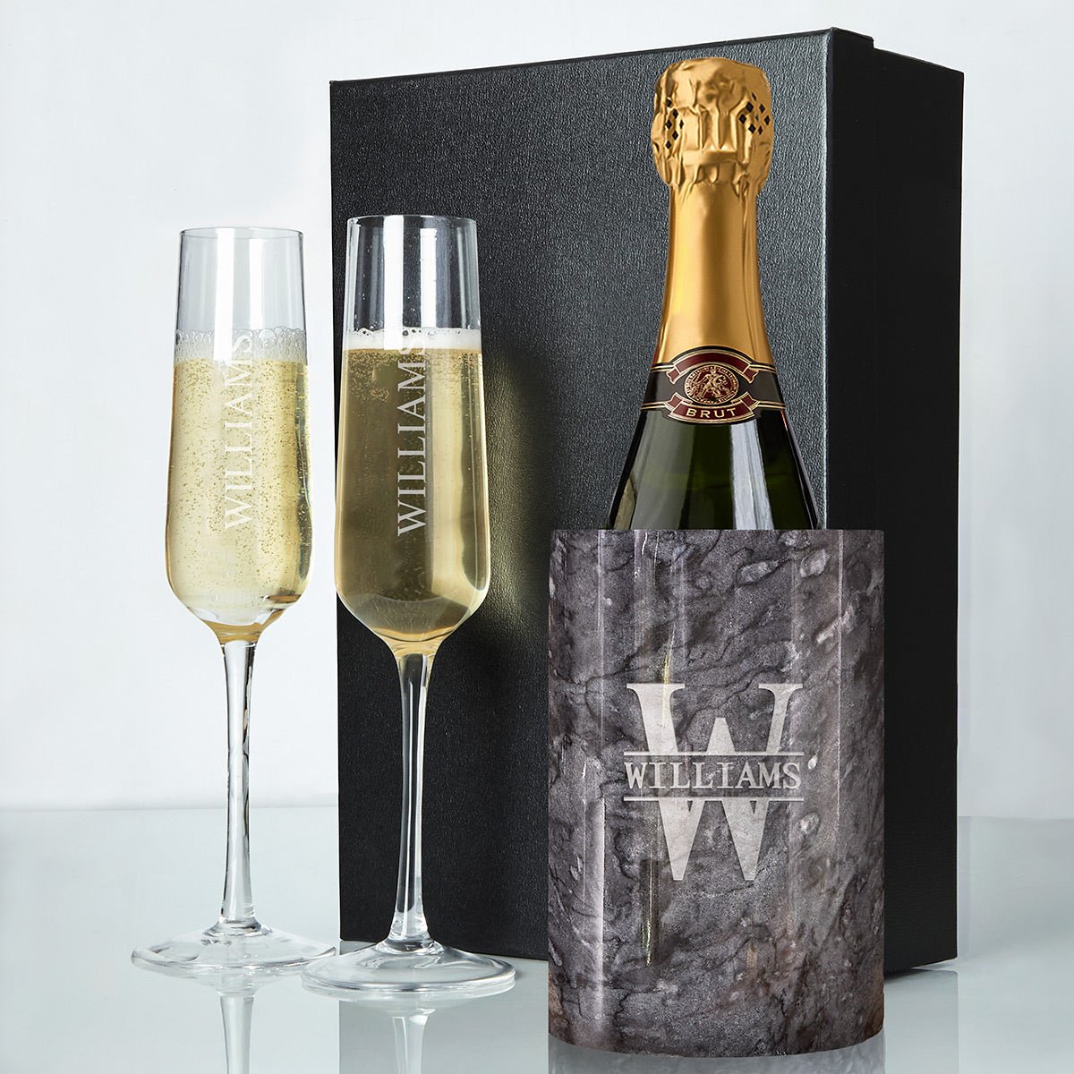 engraved champagne flute glasses with engraved marble wine chiller