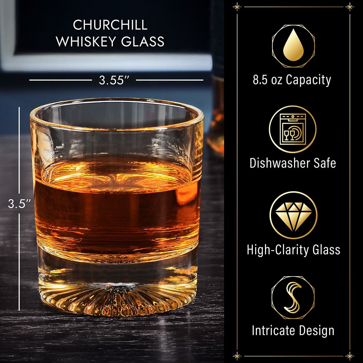Churchill whiskey glass details and measurements