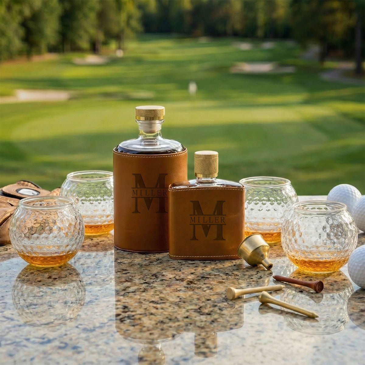 Crawford Leather Whiskey Decanter & Flask - Golf Ball Glasses