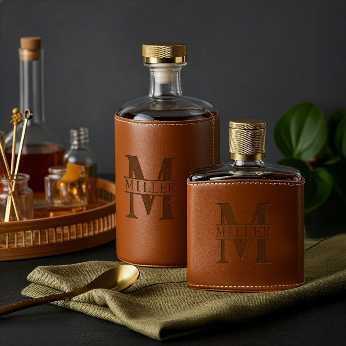 Crawford Leather Whiskey Decanter & Flask - Rutherford Glasses