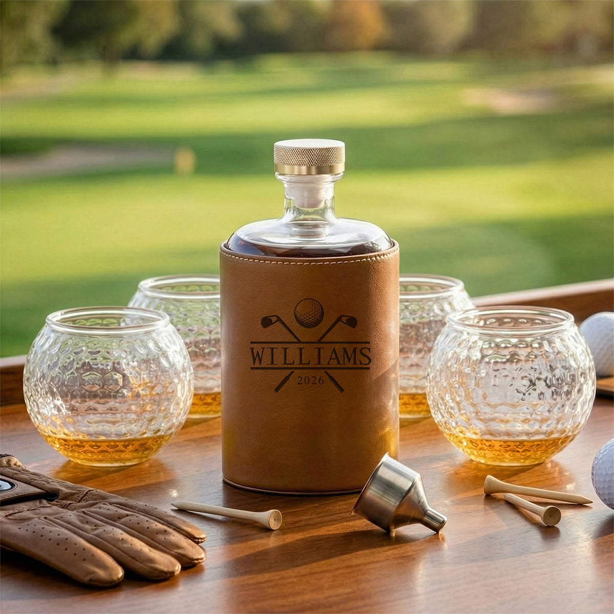 Crawford Leather Whiskey Decanter - Golf Ball Glasses