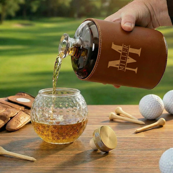 Crawford Leather Whiskey Decanter - Golf Ball Glasses