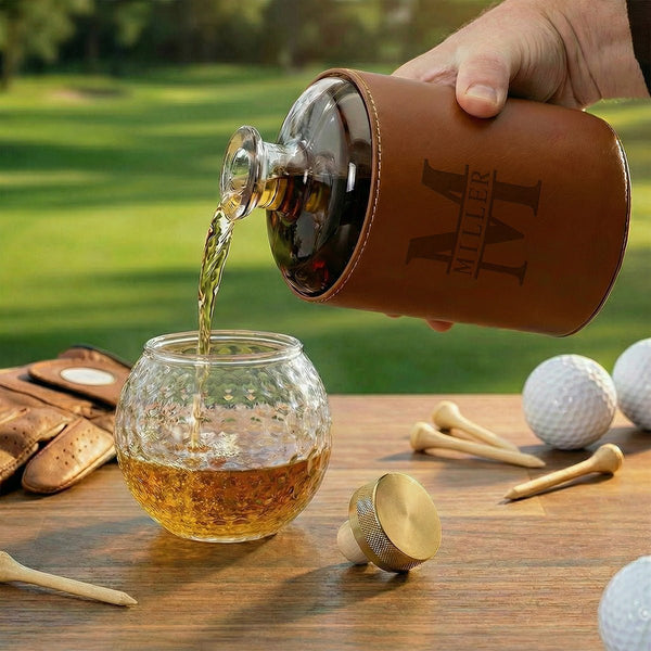 Crawford Leather Whiskey Decanter - Golf Ball Glasses