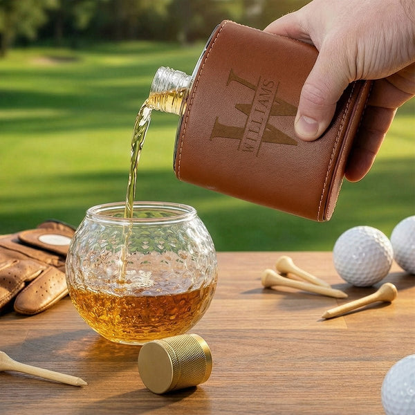 Crawford Leather Whiskey Flask - Golf Ball Glasses