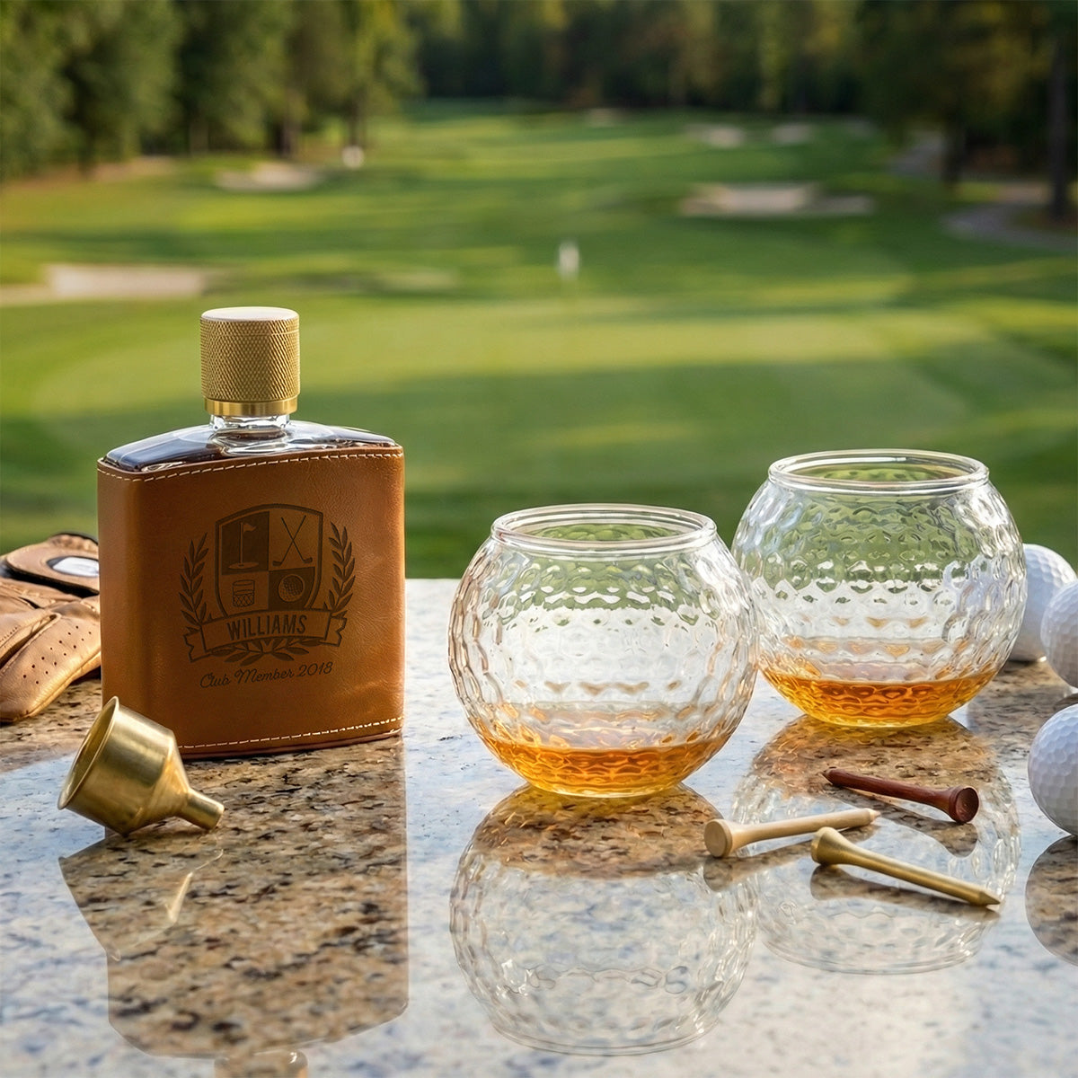 Crawford Leather Whiskey Flask - Golf Ball Glasses