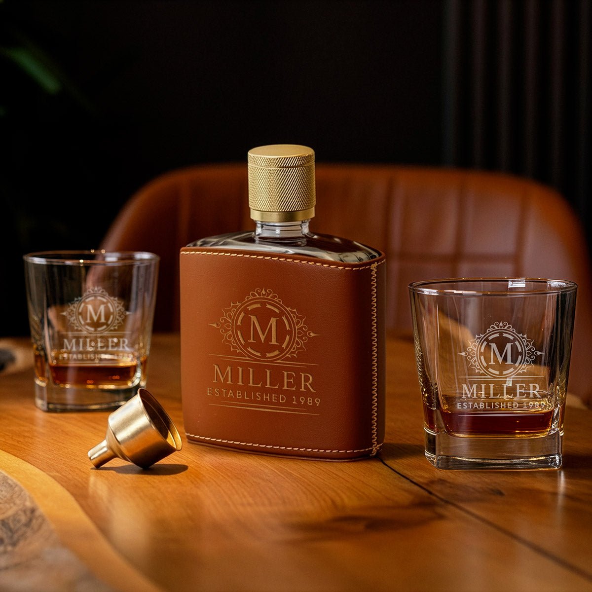 Crawford Leather Whiskey Flask - Rutherford Glasses