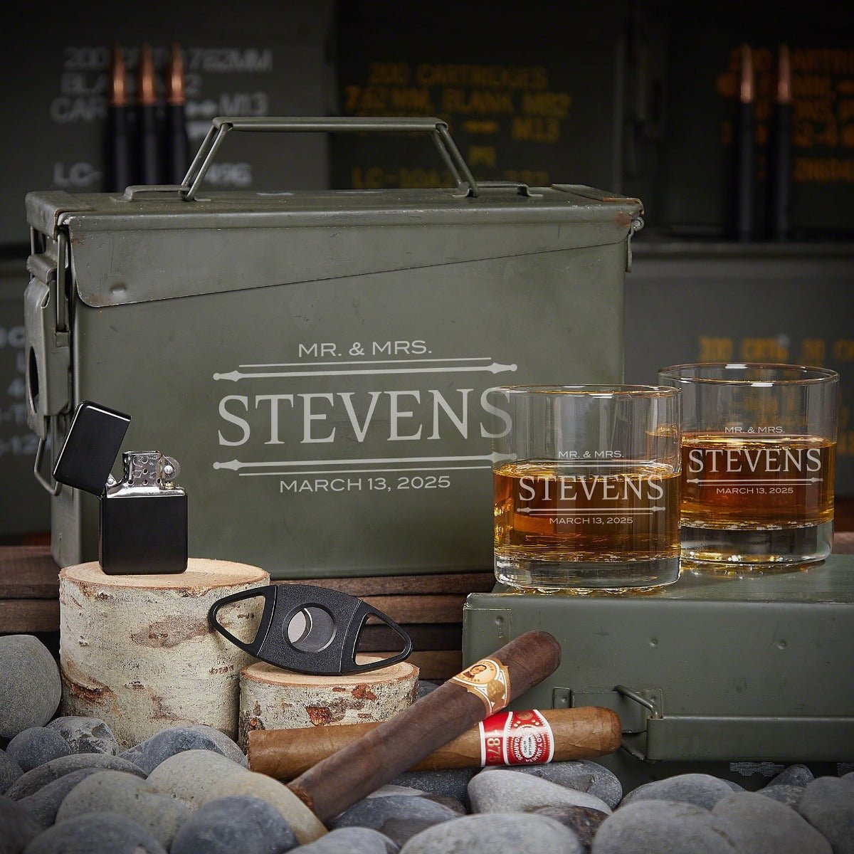Custom 50 Cal Ammo Can Humidor Cigar Gifts and Two Whiskey Glasses - 7pc