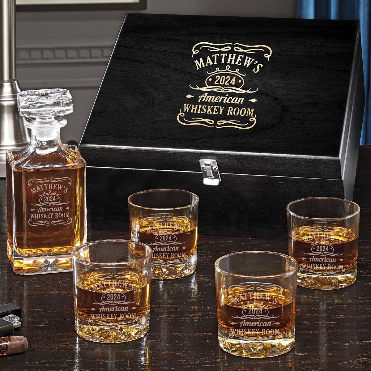 Custom Carson Crystal Whiskey Decanter Set with Glasses - Crafted Ebony Black Box