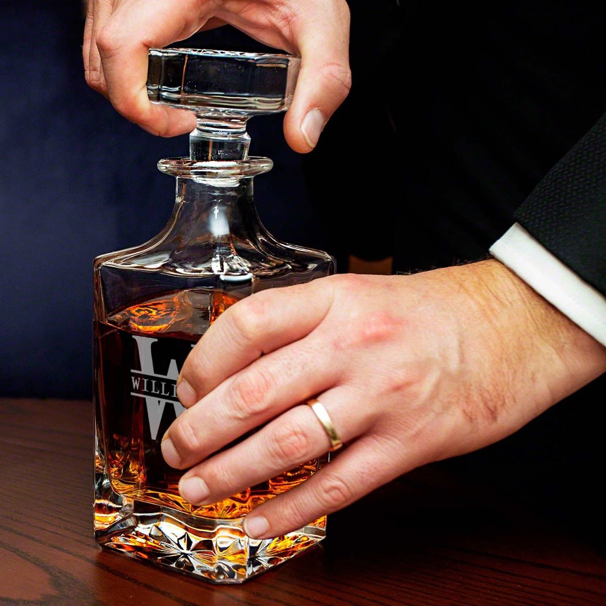 custom engraved carson decanter with a man opening it
