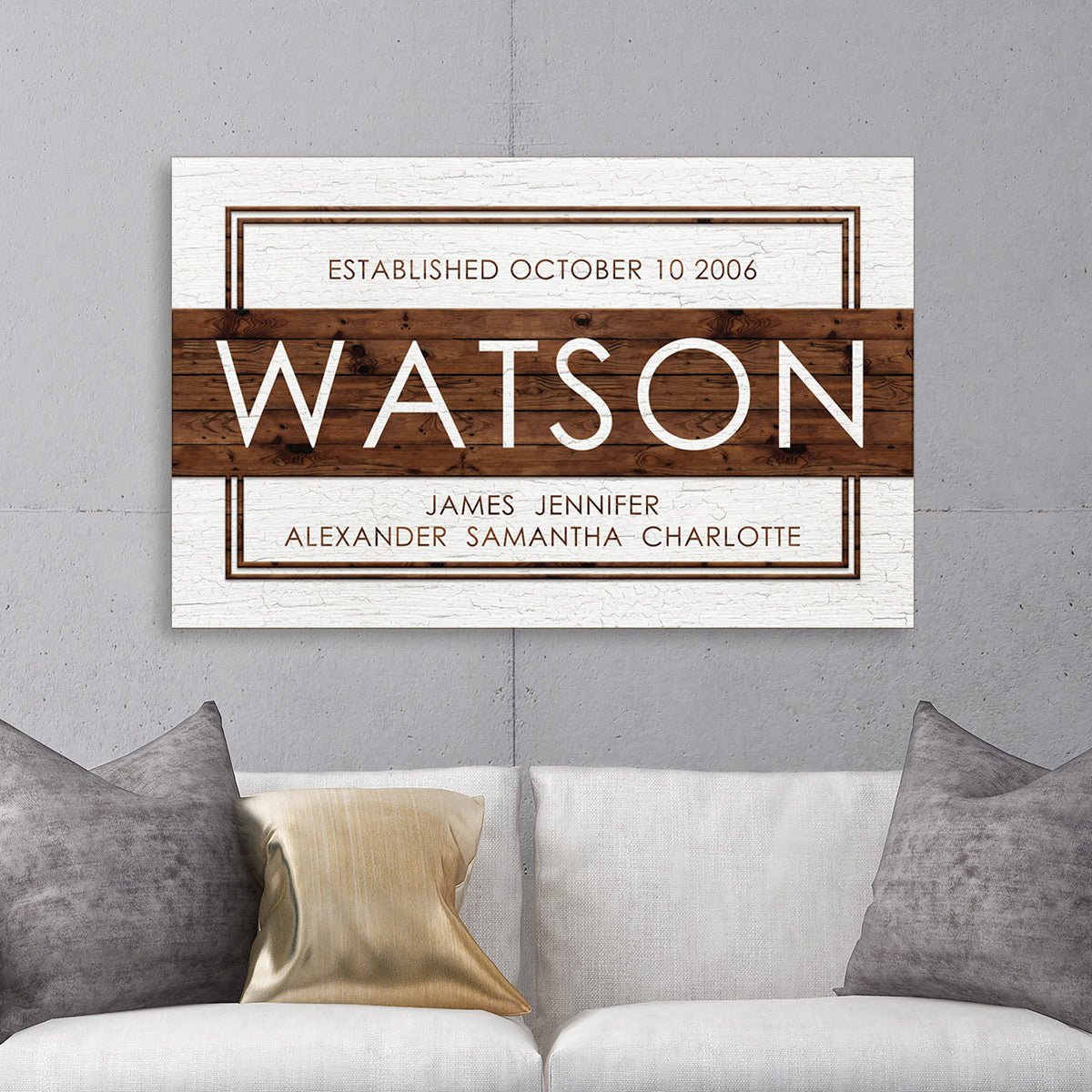 Custom Family Name Sign, White with Wood Grain