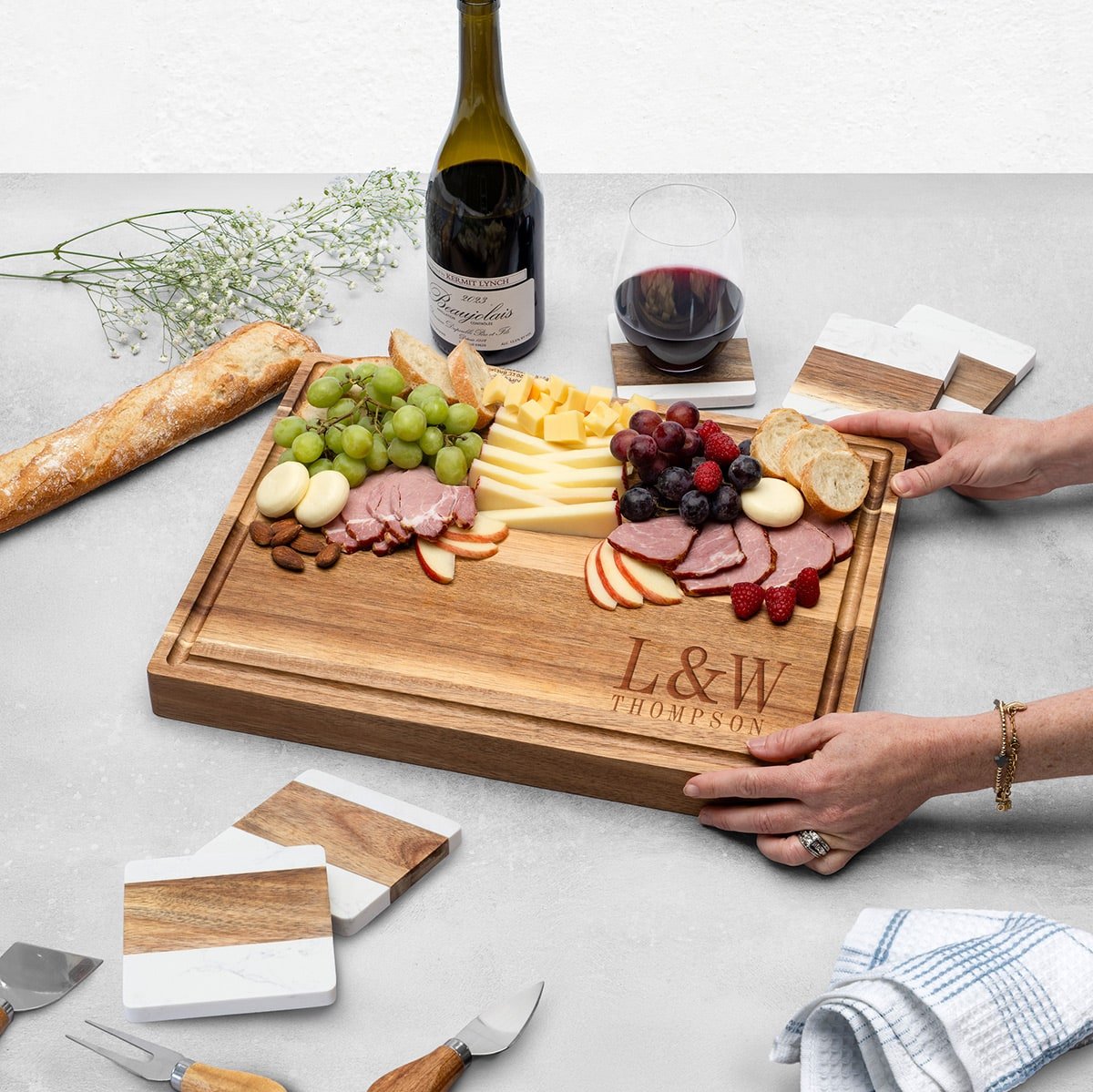 Custom Monogram 17x13x1.5 Hardwood Cutting Board w Juice Groove