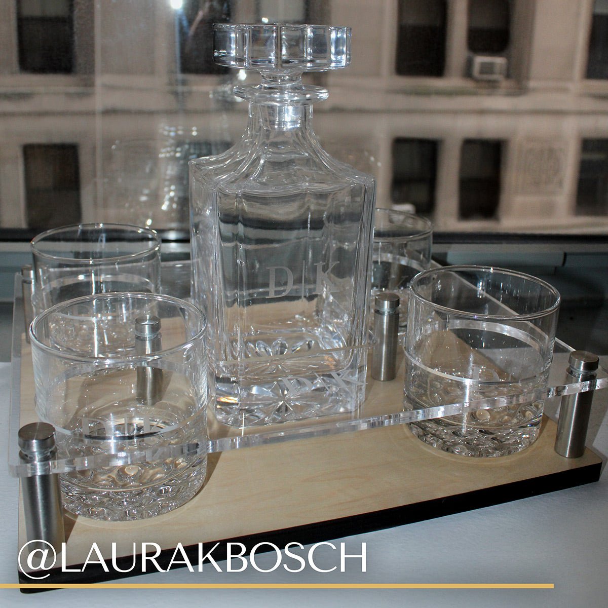 Custom Presentation Set with Carson Whiskey Decanter & Glasses - Bar Serving Tray & Display Set