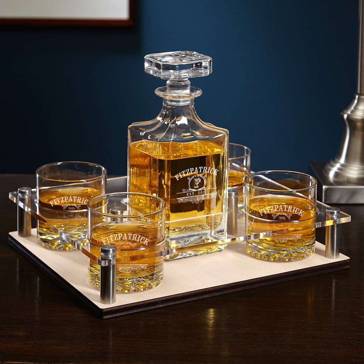 Custom Presentation Set with Carson Whiskey Decanter & Glasses - Bar Serving Tray & Display Set