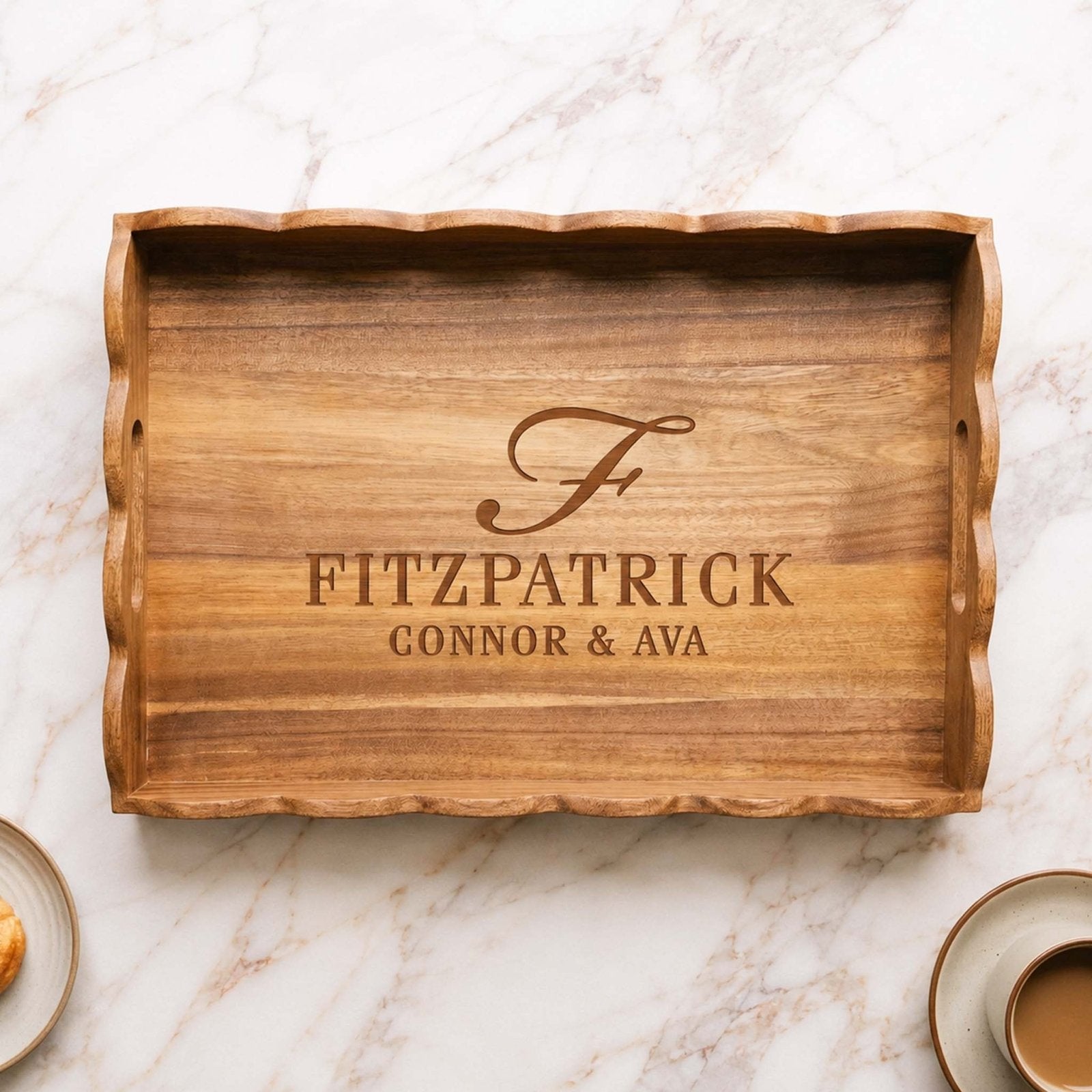Custom Scalloped Acacia Wooden Serving Tray - 18 x 12 in