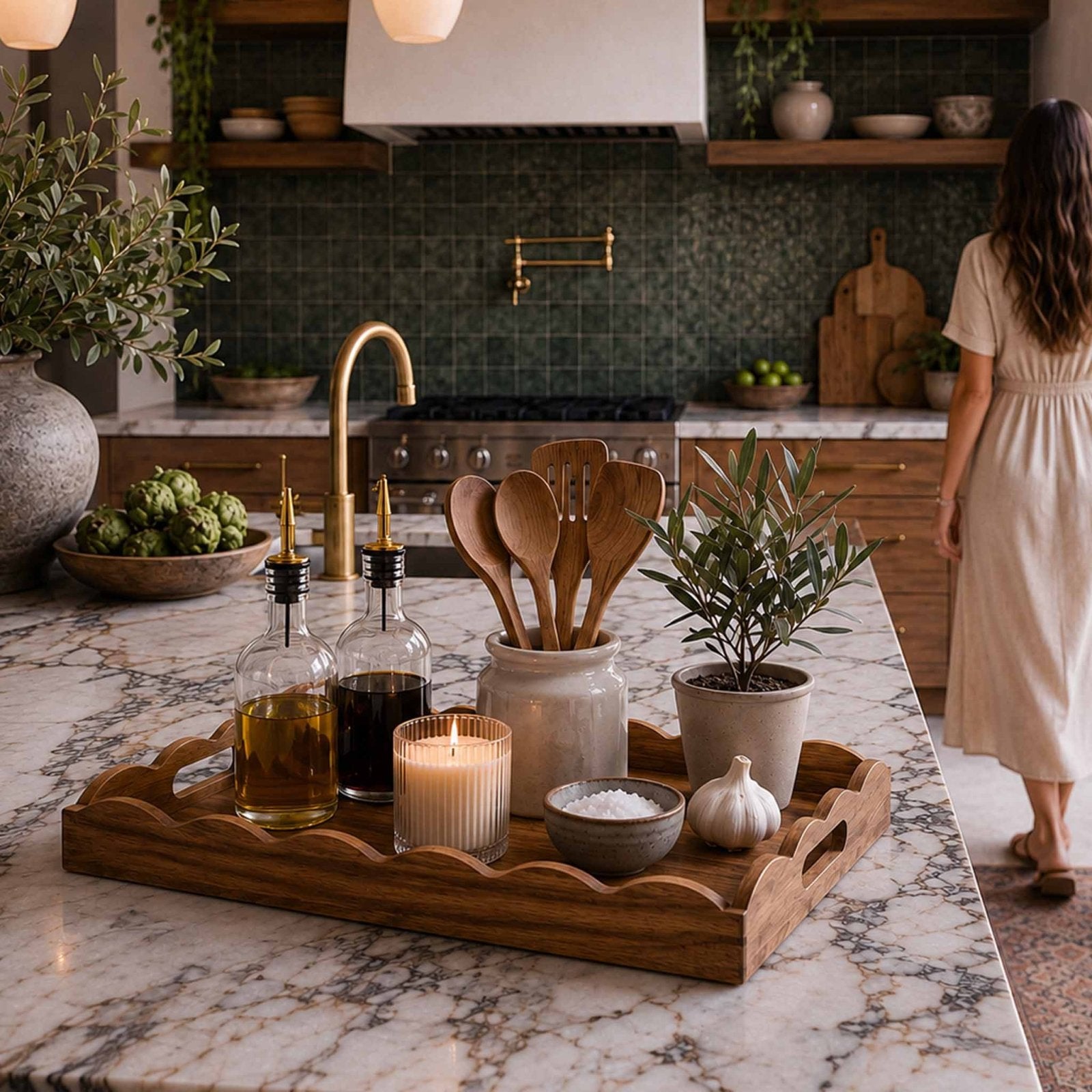 Acacia tray holding oils and kitchen accessories