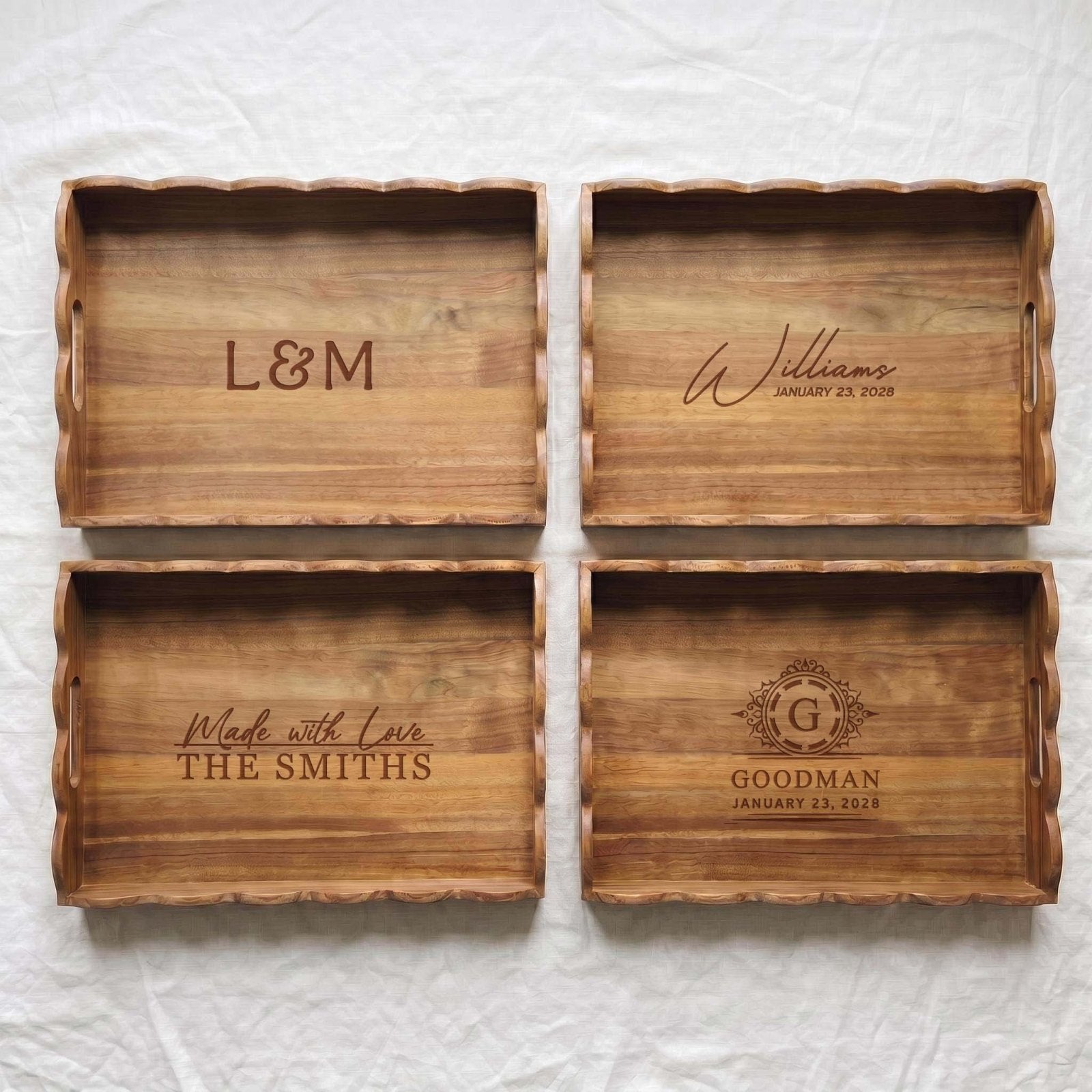 Personalized acacia trays with custom engraving options