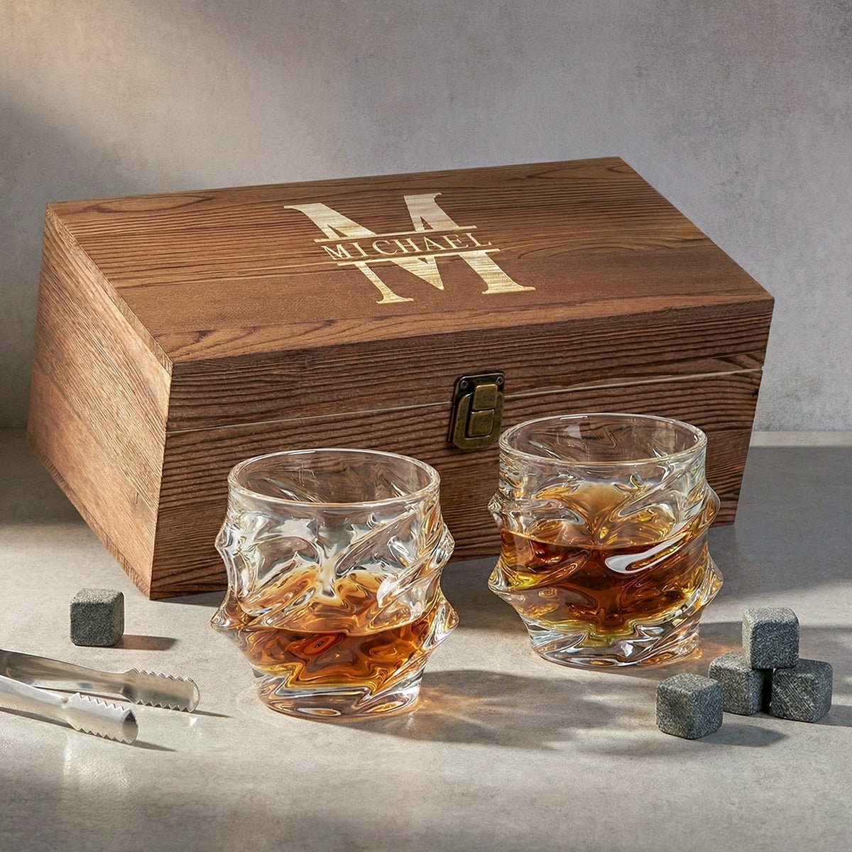 Custom Whiskey Box Set with Sculpted Glasses