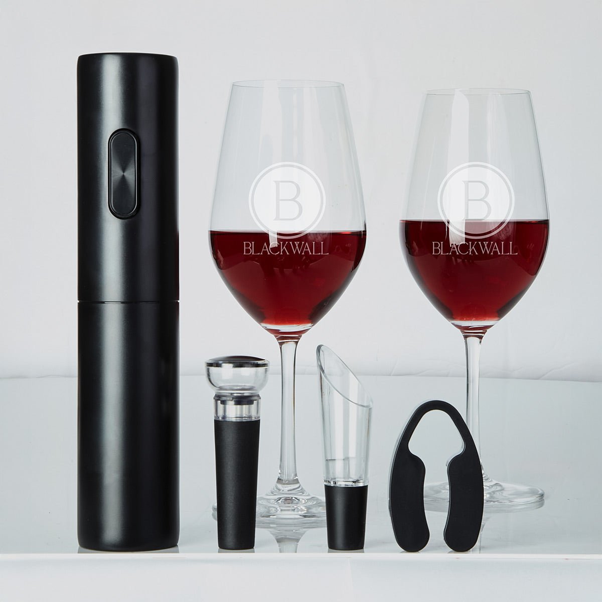 Custom Wine Glass Set - 6pc Boxed Wine Gift Set with Electric Opener
