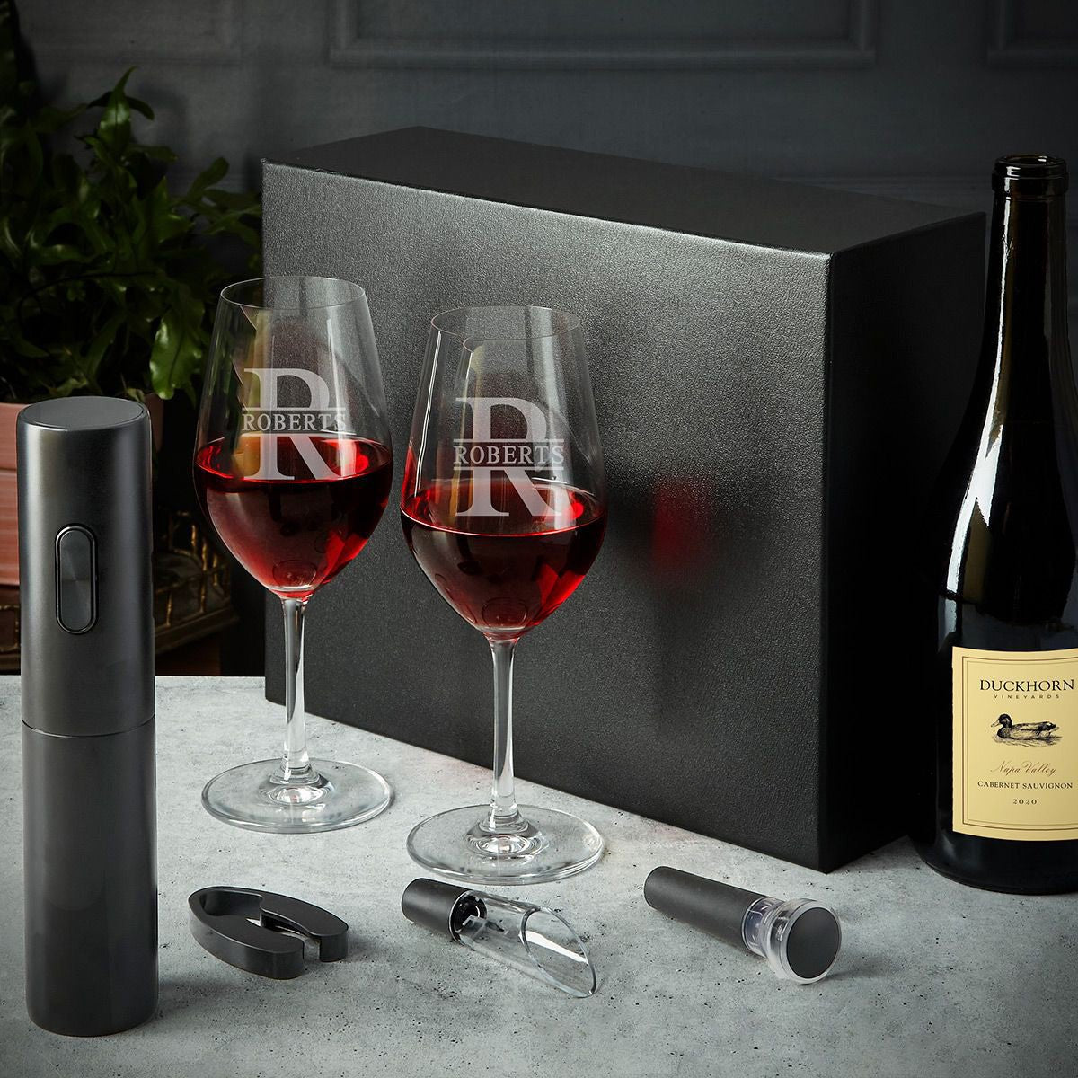 Custom Wine Glass Set - 6pc Boxed Wine Gift Set with Electric Opener