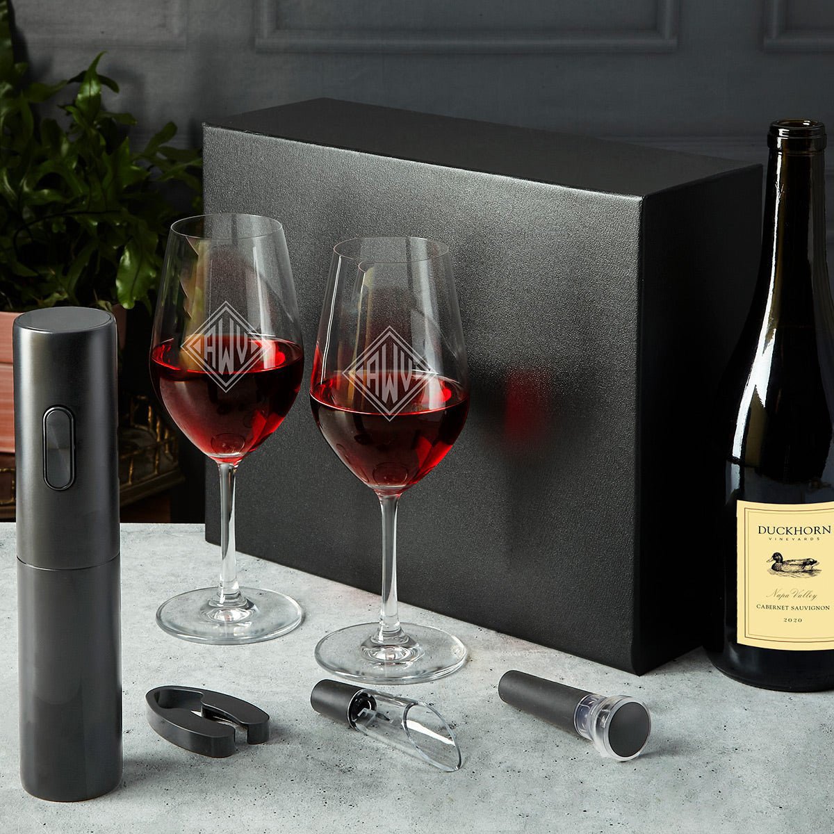 Custom Wine Glass Set - 6pc Boxed Wine Gift Set with Electric Opener