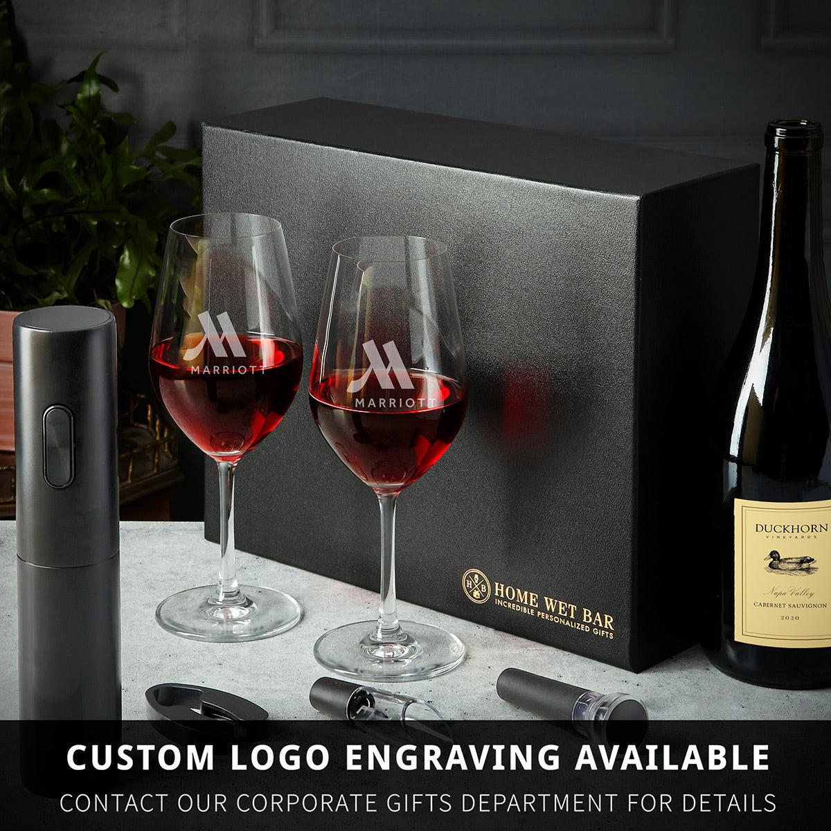 Custom Wine Glass Set - 6pc Boxed Wine Gift Set with Electric Opener