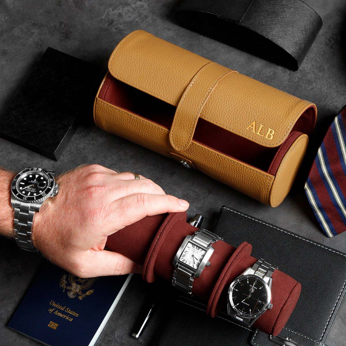 Durham Custom Leather Jewelry, Bracelet & Watch Roll for Travel - British Tan