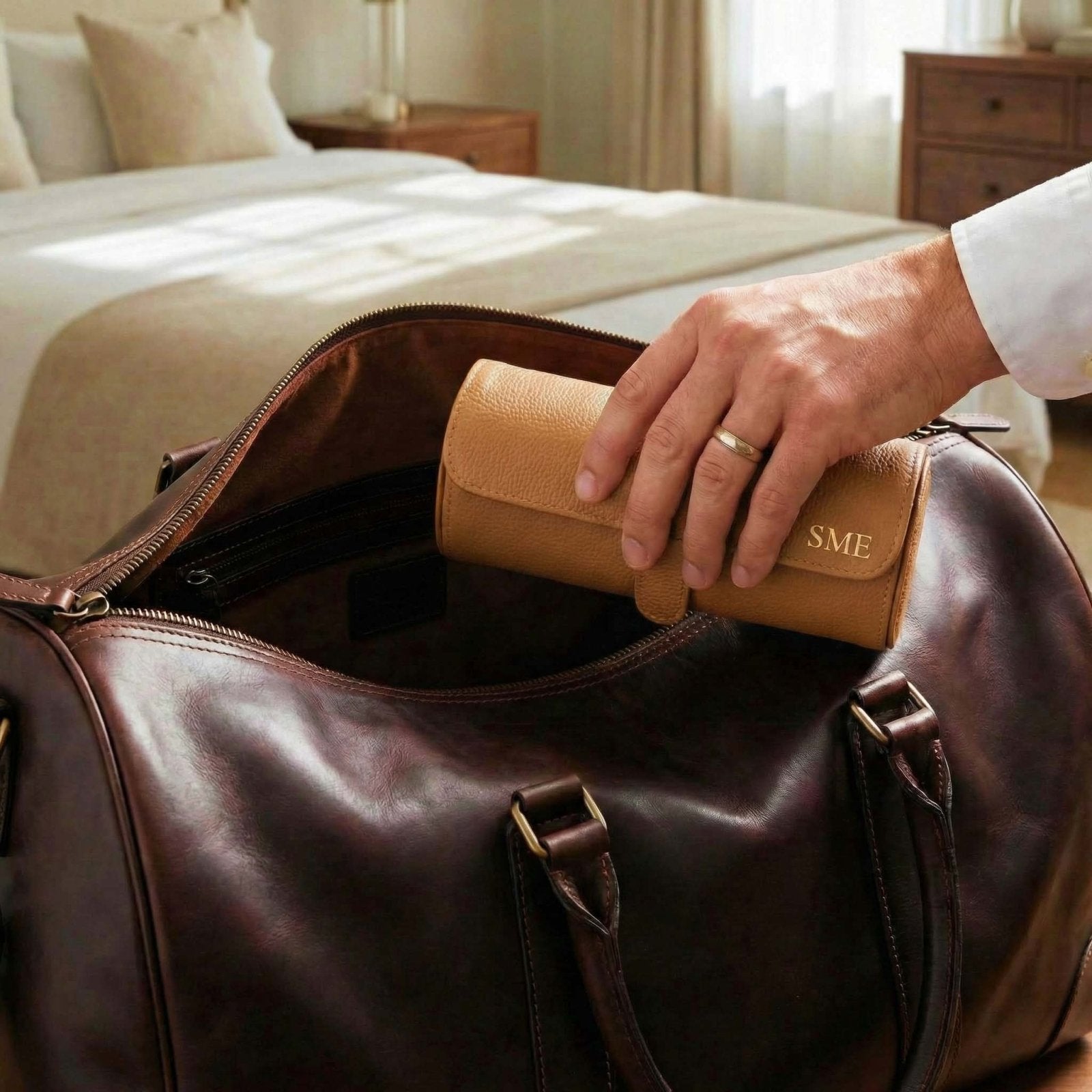 Durham Custom Leather Jewelry, Bracelet & Watch Roll for Travel - British Tan