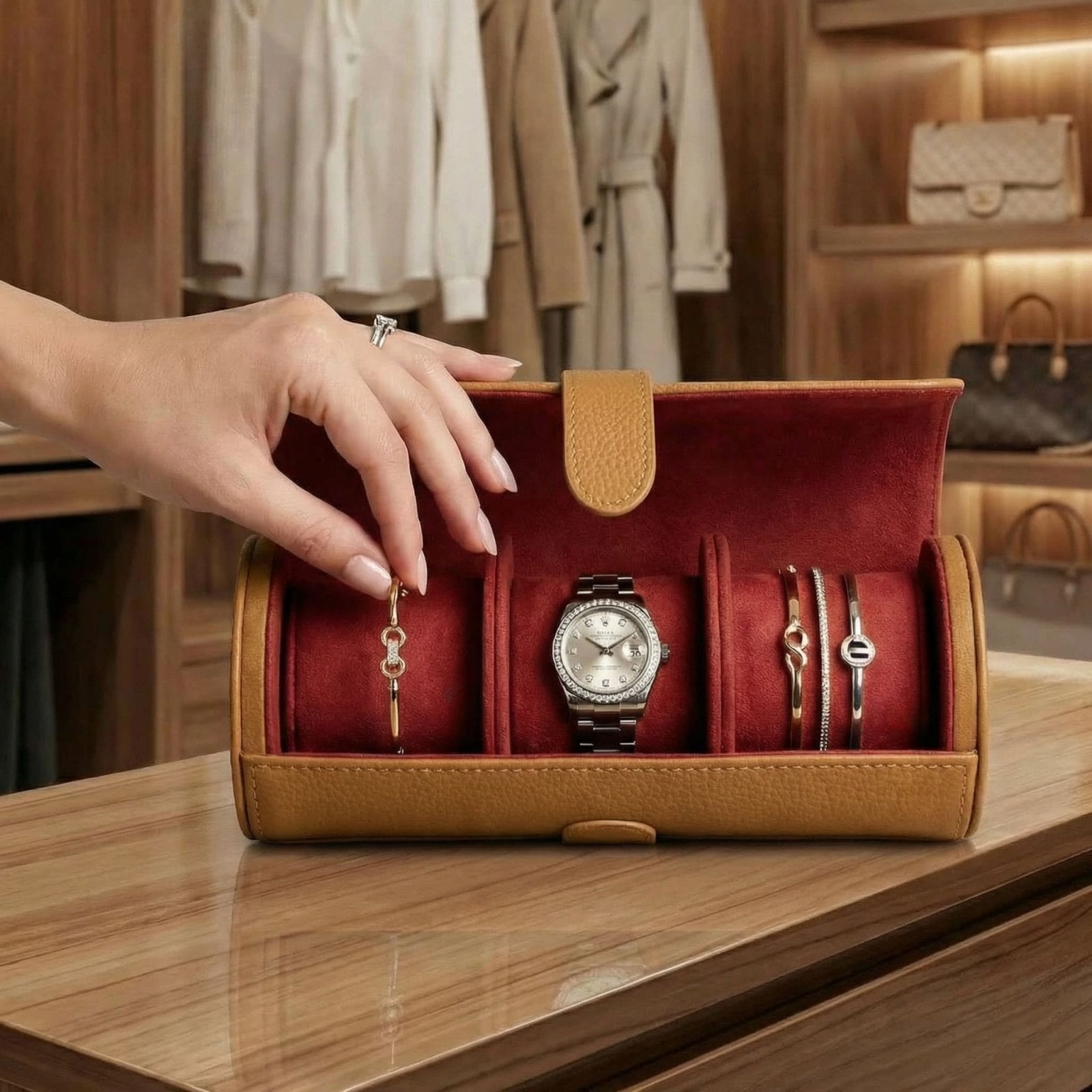 Durham Custom Leather Jewelry, Bracelet & Watch Roll for Travel - British Tan