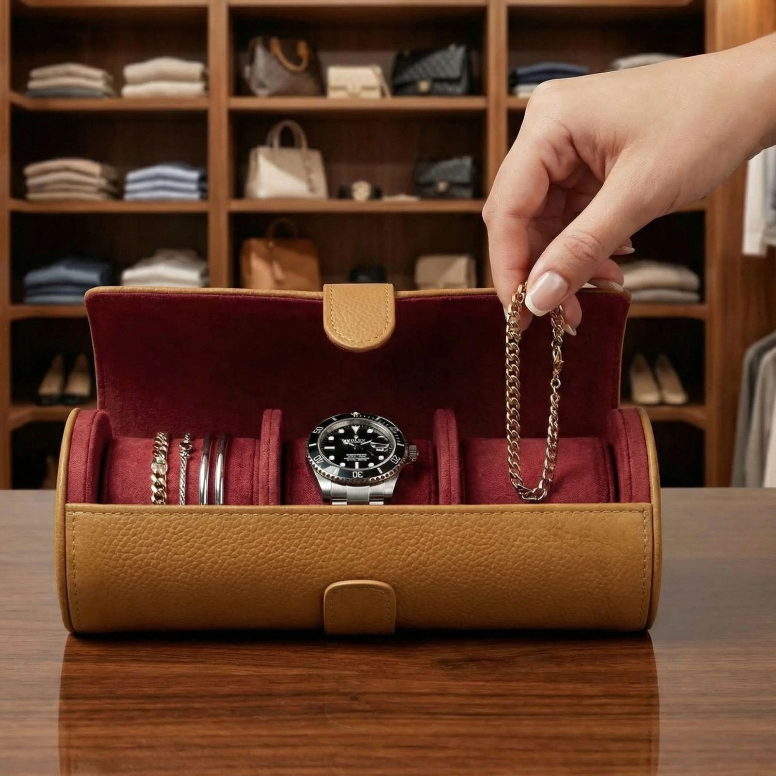 Durham Custom Leather Jewelry, Bracelet & Watch Roll for Travel - British Tan