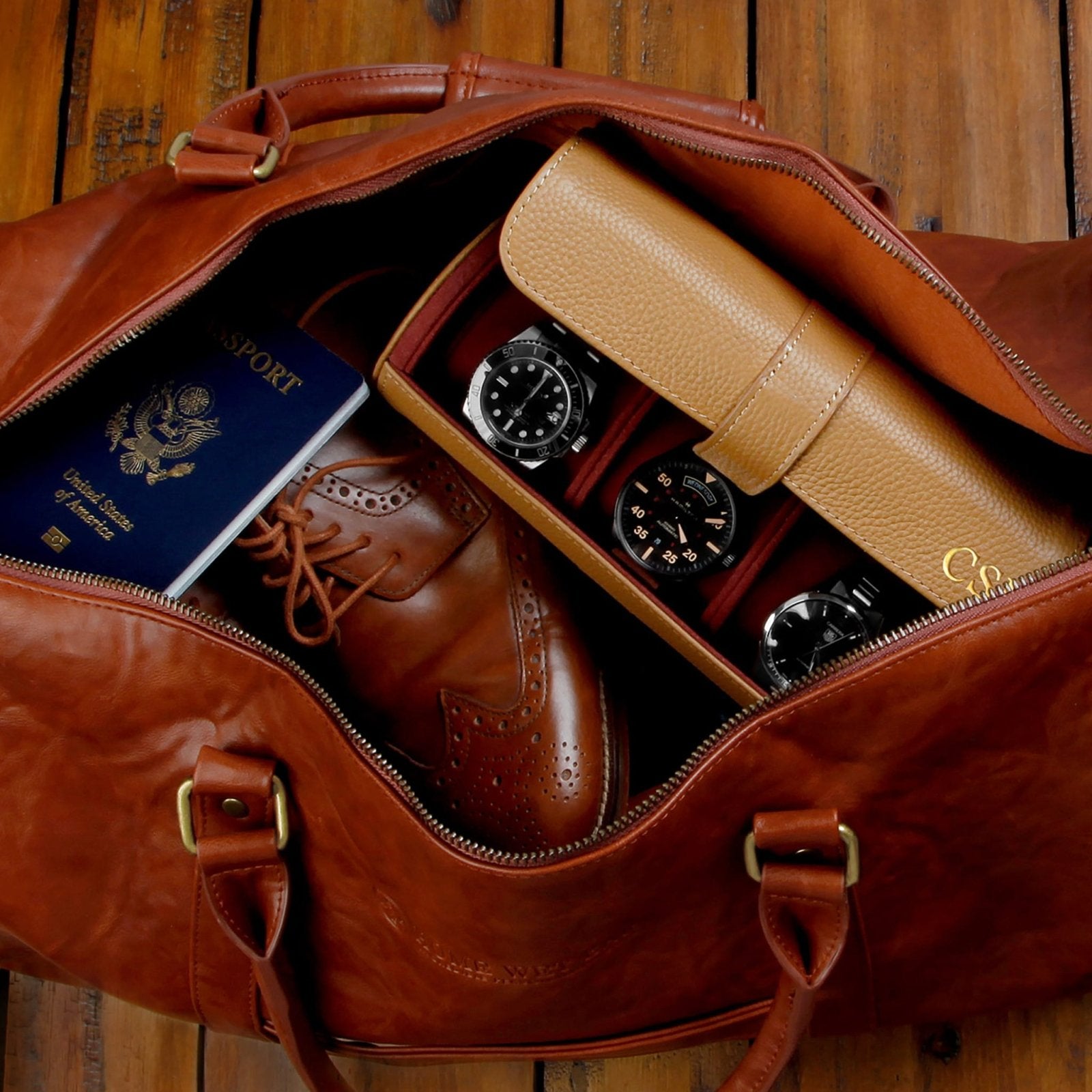 Durham Custom Leather Watch Roll for Travel, British Tan