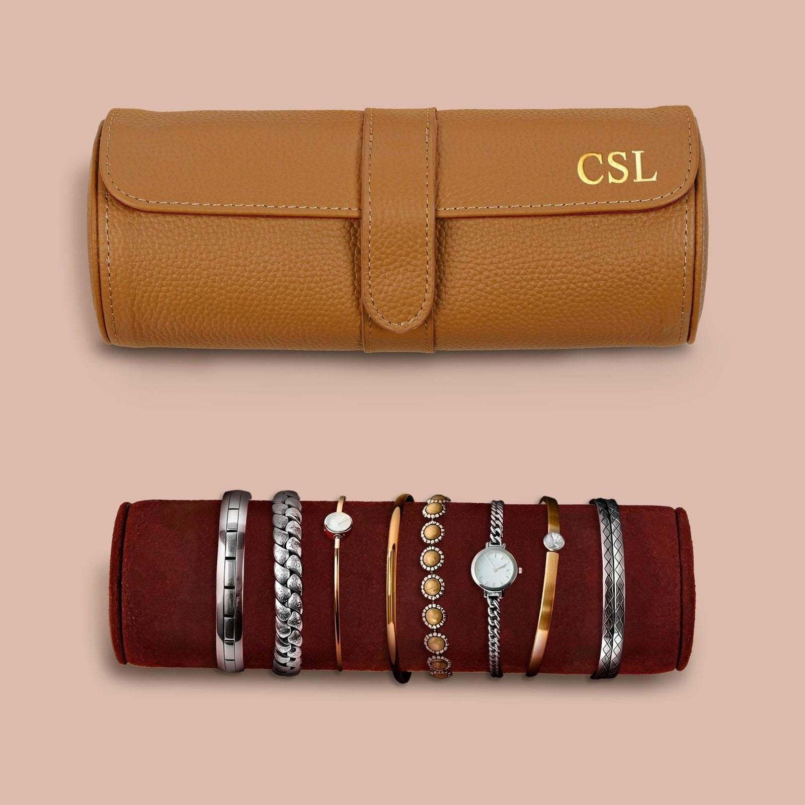 Durham Custom Leather Watch Roll for Travel, British Tan