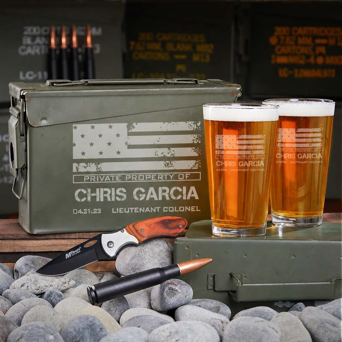 Engraved Ammo Can & Bullet Opener Military Gift Set