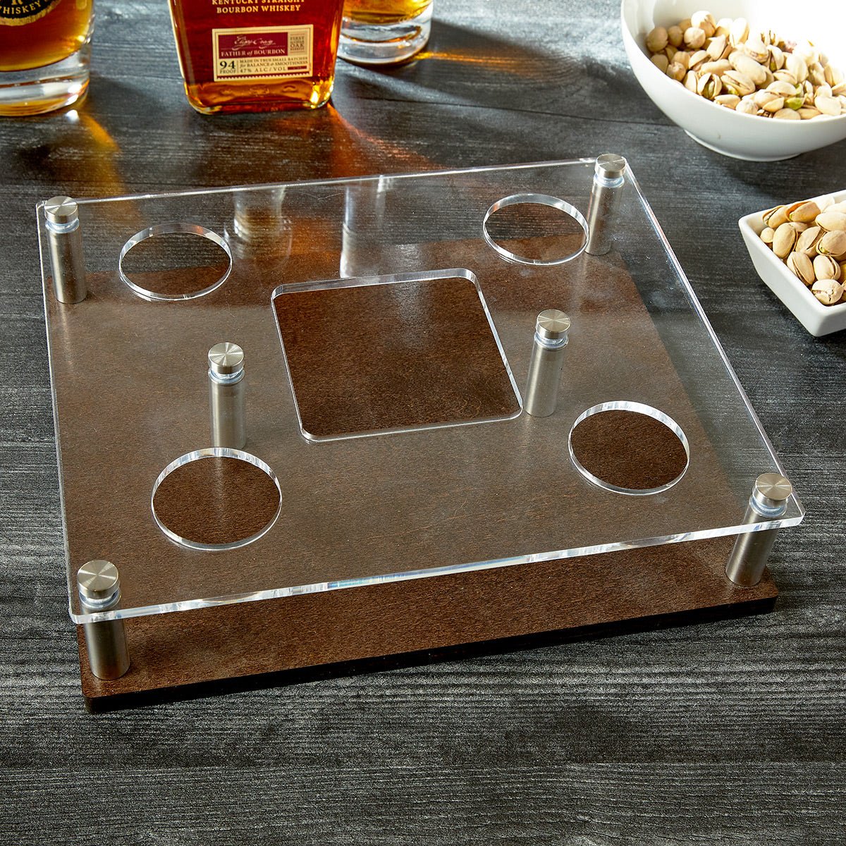 Engraved Bourbon Decanter Presentation with Glasses Set - Walnut Bar Serving Tray & Display Set