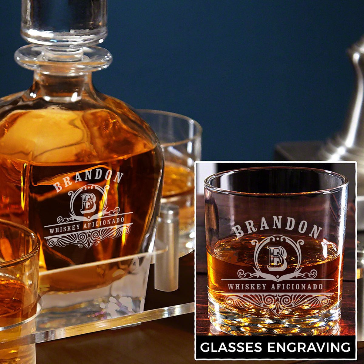 Engraved Bourbon Decanter Presentation with Glasses Set - Walnut Bar Serving Tray & Display Set