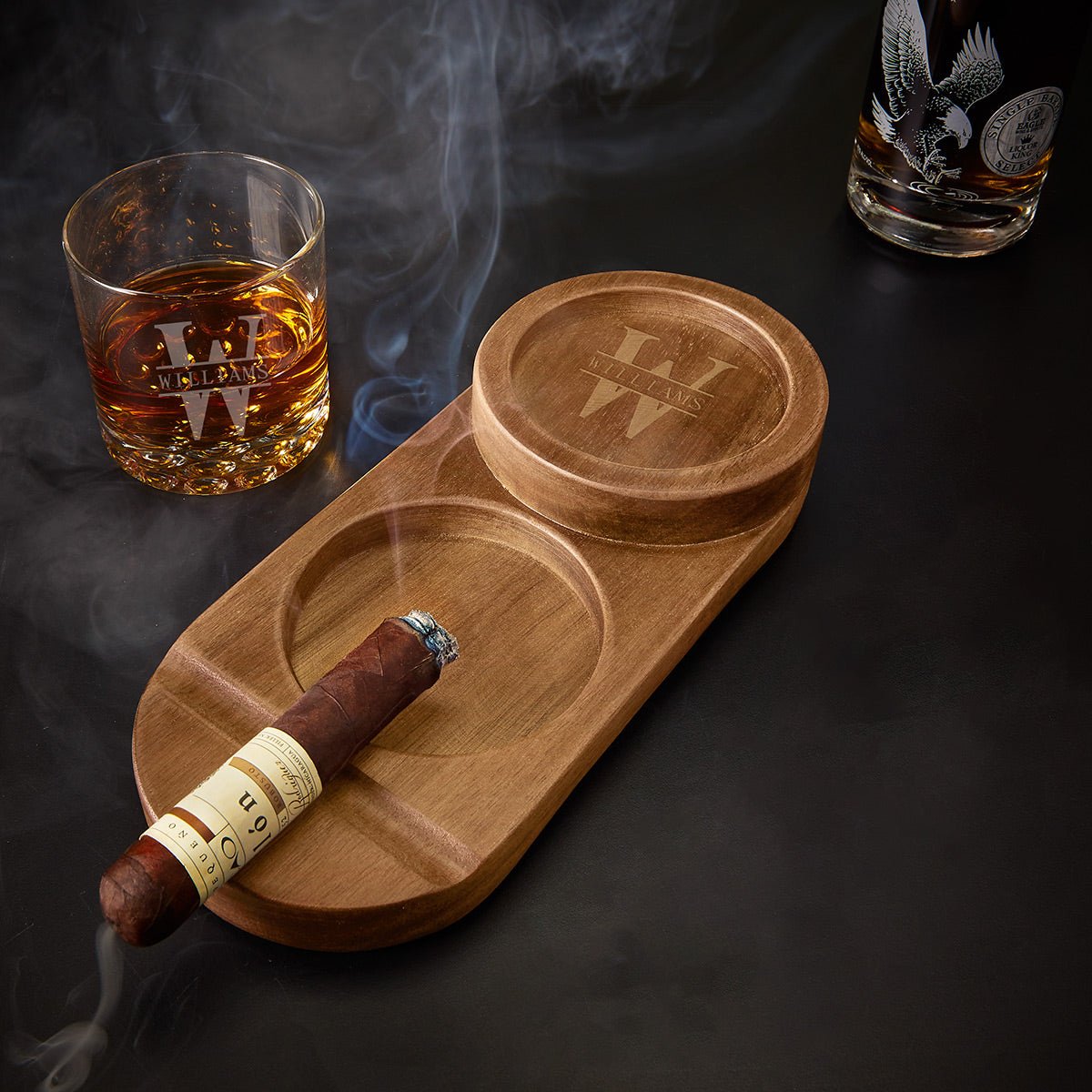 Engraved Cigar Ashtray and Whiskey Glass Holder